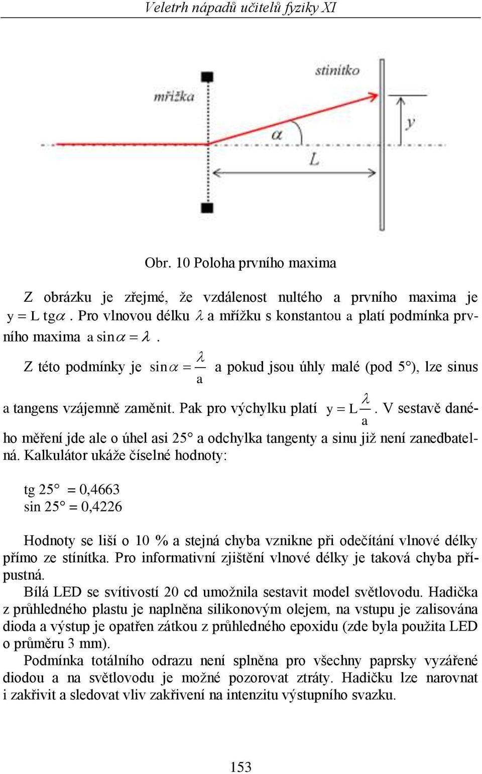 V sestavě daného měření jde ale o úhel asi 25 a odchylka tangenty a sinu již není zanedbatel- a ná.