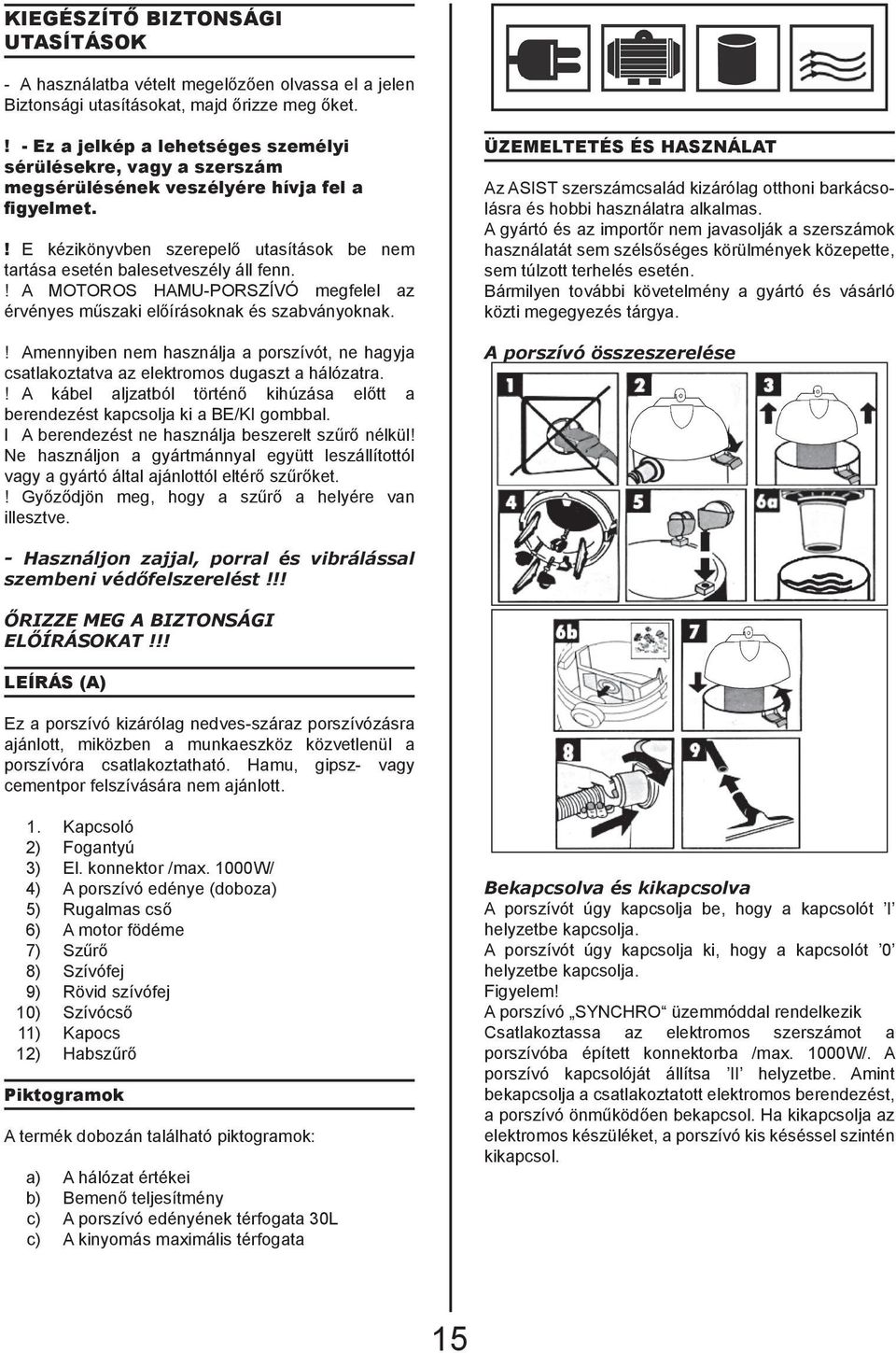 ! A MOTOROS HAMU-PORSZÍVÓ megfelel az érvényes műszaki előírásoknak és szabványoknak.! Amennyiben nem használja a porszívót, ne hagyja csatlakoztatva az elektromos dugaszt a hálózatra.