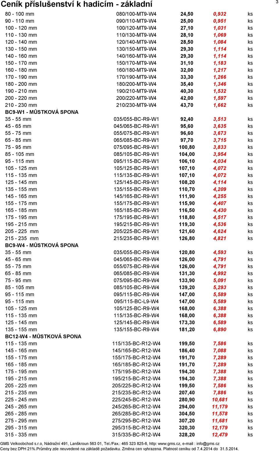 1,266 ks 180-200 mm 180/200-MT9-W4 35,40 1,346 ks 190-210 mm 190/210-MT9-W4 40,30 1,532 ks 200-220 mm 200/220-MT9-W4 42,00 1,597 ks 210-230 mm 210/230-MT9-W4 43,70 1,662 ks BC9-W1 - MŮSTKOVÁ SPONA