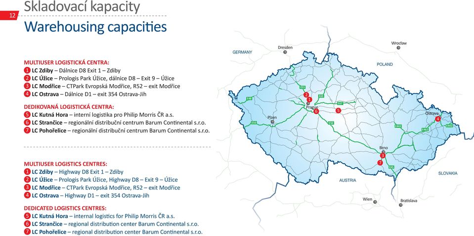 r.o. 7 LC Pohořelice regionální distribuční centrum Barum Continental s.r.o. E48 E50 E55 2 1 E65 E50 E67 Prague 6 5 POLAND E442 4 E462 E442 Brno 3 MULTIUSER LOGISTICS CENTRES: 1 LC Zdiby Highway D8