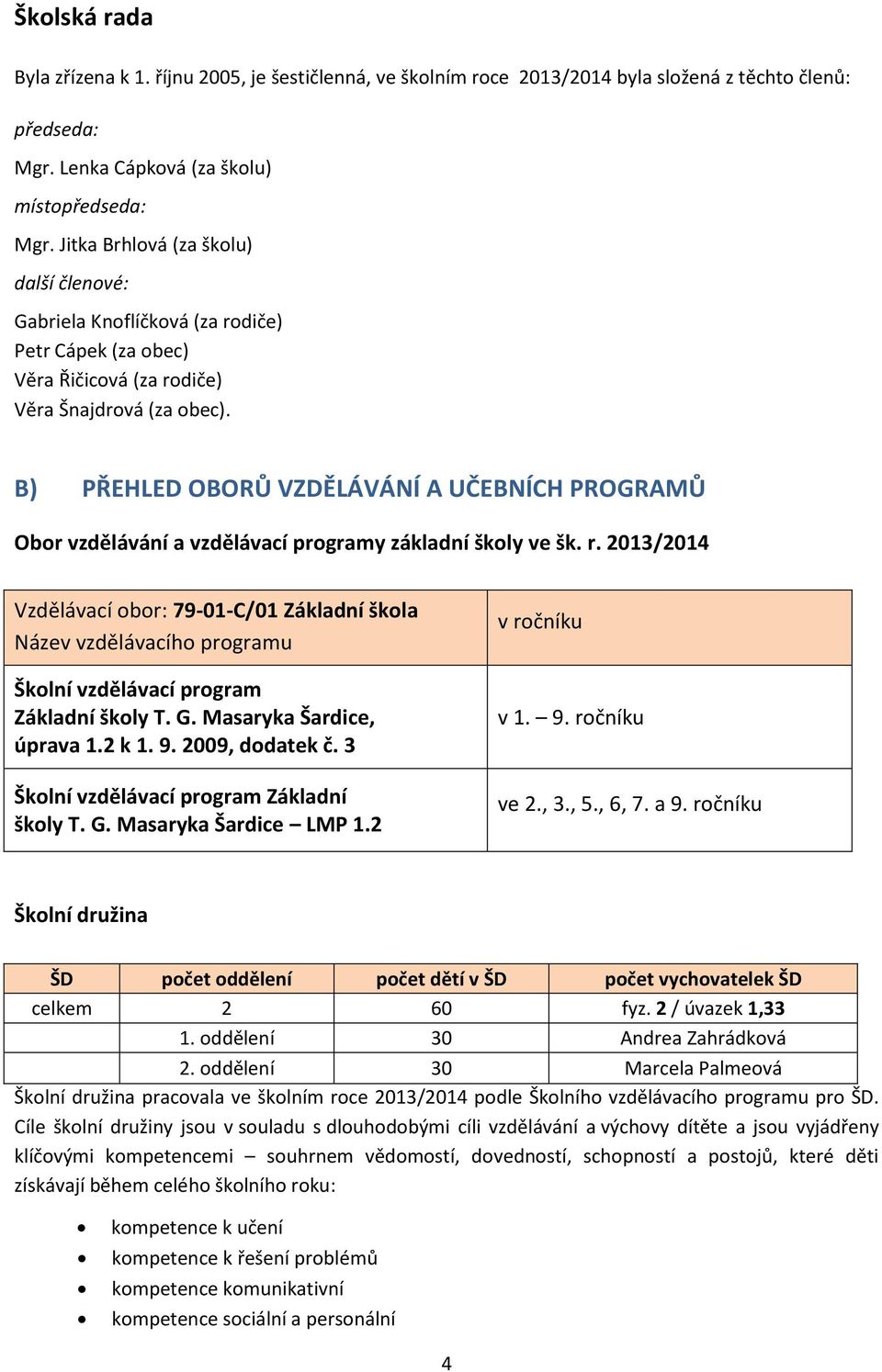 B) PŘEHLED OBORŮ VZDĚLÁVÁNÍ A UČEBNÍCH PROGRAMŮ Obor vzdělávání a vzdělávací programy základní školy ve šk. r.