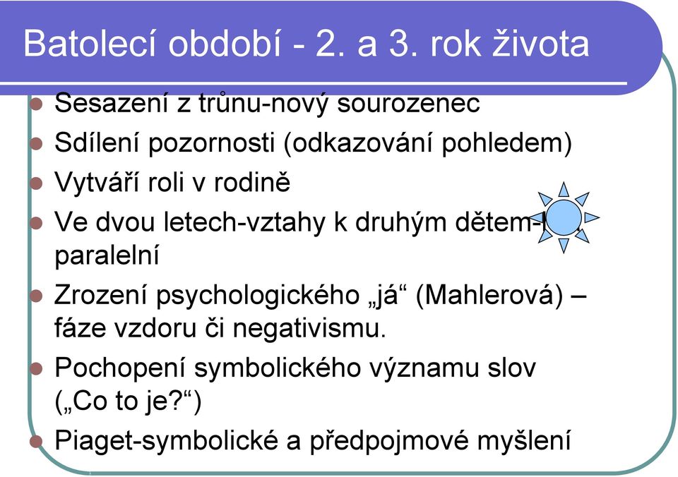 Vytváří roli v rodině Ve dvou letech-vztahy k druhým dětem-hra paralelní Zrození