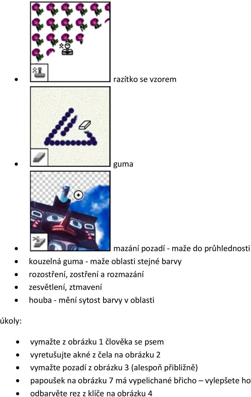 vymažte z obrázku 1 člověka se psem vyretušujte akné z čela na obrázku 2 vymažte pozadí z obrázku 3