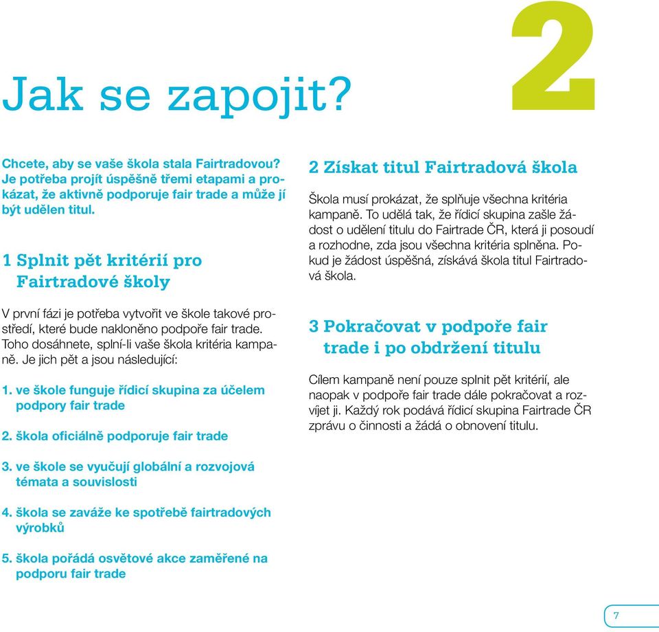 Je jich pět a jsou následující: 1. ve škole funguje řídicí skupina za účelem podpory fair trade 2.