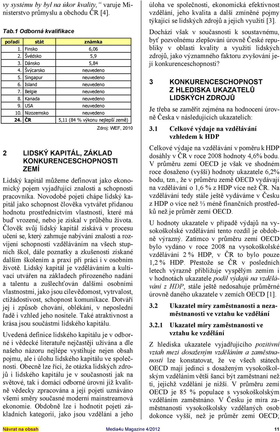 ČR 5,11 84 % výkonu nejlepší země Zdroj: WEF, 010 LIDSKÝ KAPITÁL, ZÁKLAD KONKURENCESCHOPNOSTI ZEMÍ Lidský kapitál můžeme definovat jako ekonomický pojem vyjadřující znalosti a schopnosti pracovníka.