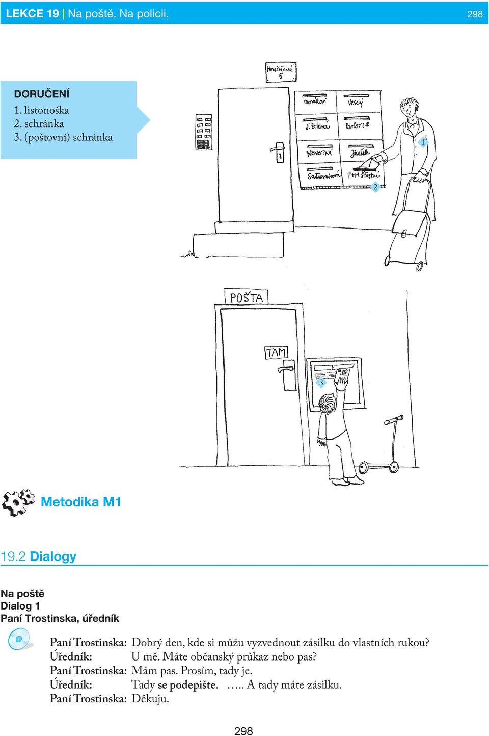 2 Dialogy Na poště Dialog 1 Paní Trostinska, úředník Paní Trostinska: Dobrý den, kde si můžu vyzvednout