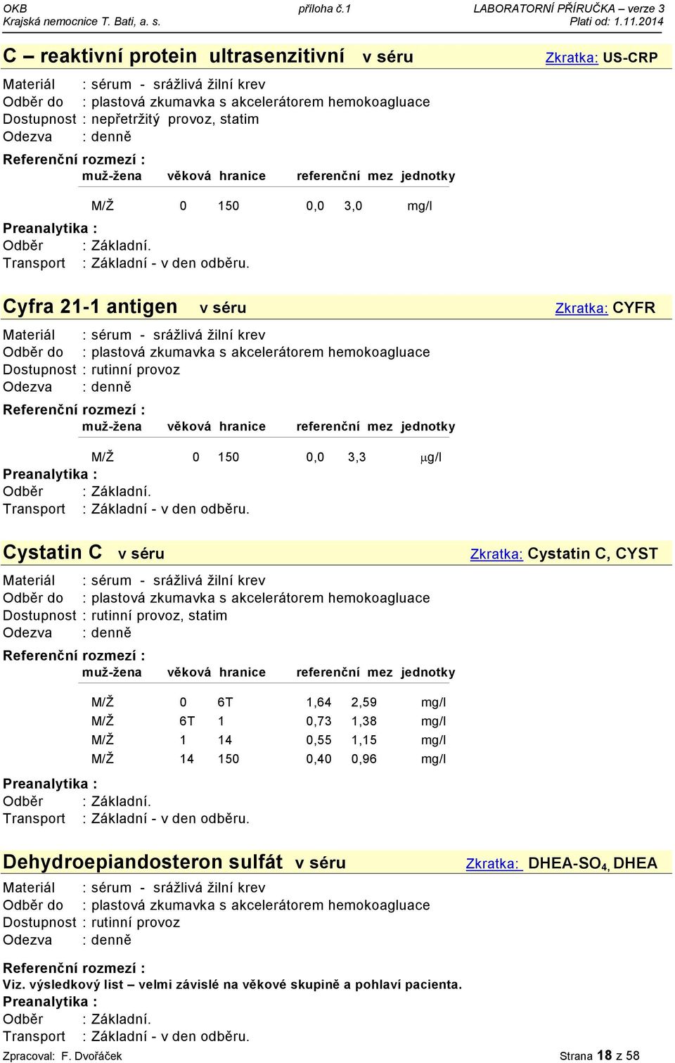 6T 1 0,73 1,38 mg/l M/Ž 1 14 0,55 1,15 mg/l M/Ž 14 150 0,40 0,96 mg/l Dehydroepiandosteron sulfát v séru Zkratka: