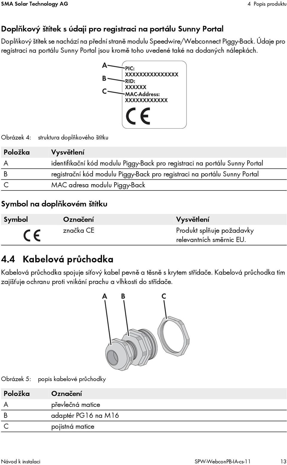 Obrázek 4: Položka A B C struktura doplňkového štítku Vysvětlení identifikační kód modulu Piggy-Back pro registraci na portálu Sunny Portal registrační kód modulu Piggy-Back pro registraci na portálu