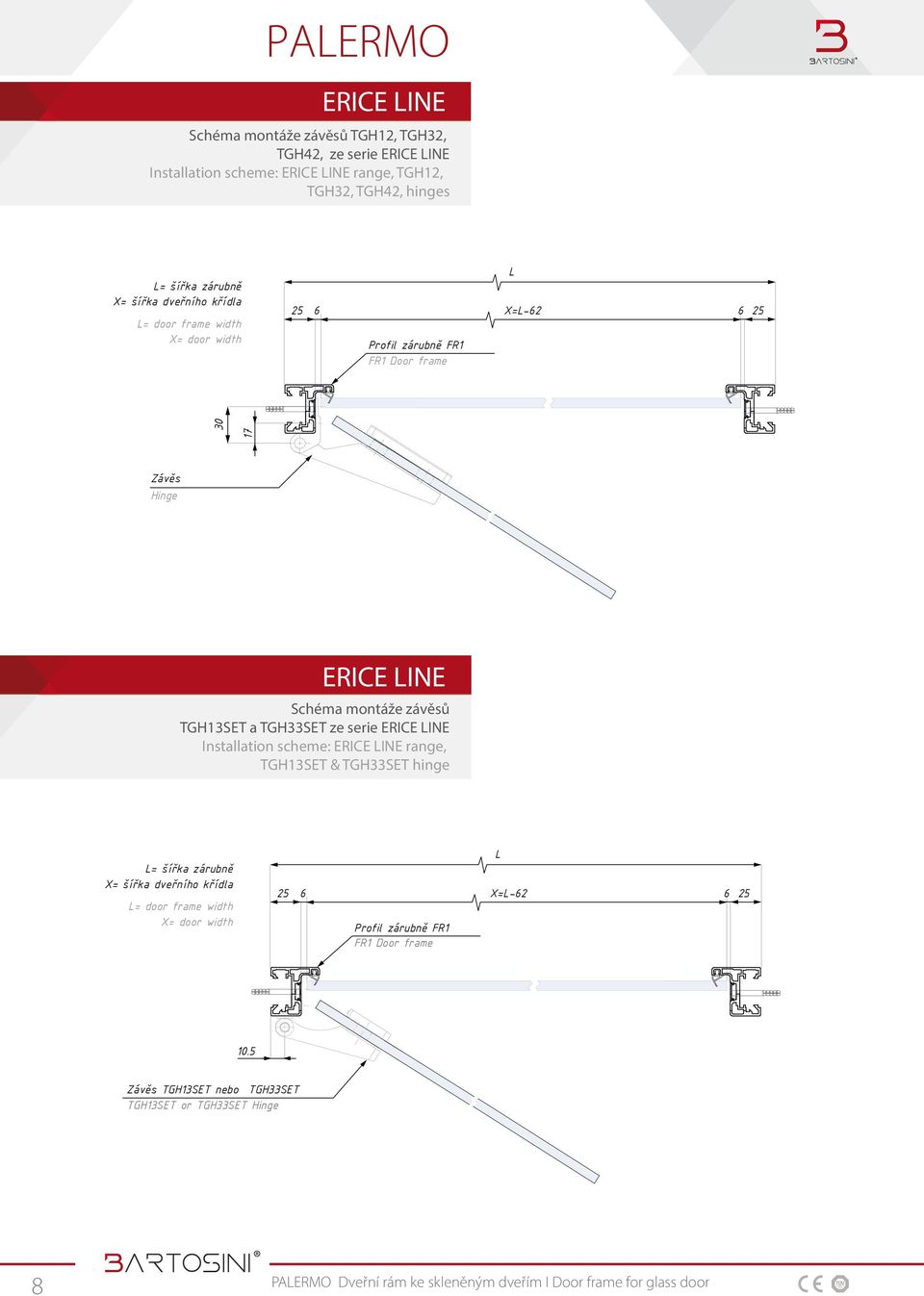 montáže závěsů TGH13SET a TGH33SET ze serie ERICE LINE Installation scheme: ERICE LINE range, TGH13SET & TGH33SET hinge L= šířka zárubně X= šířka