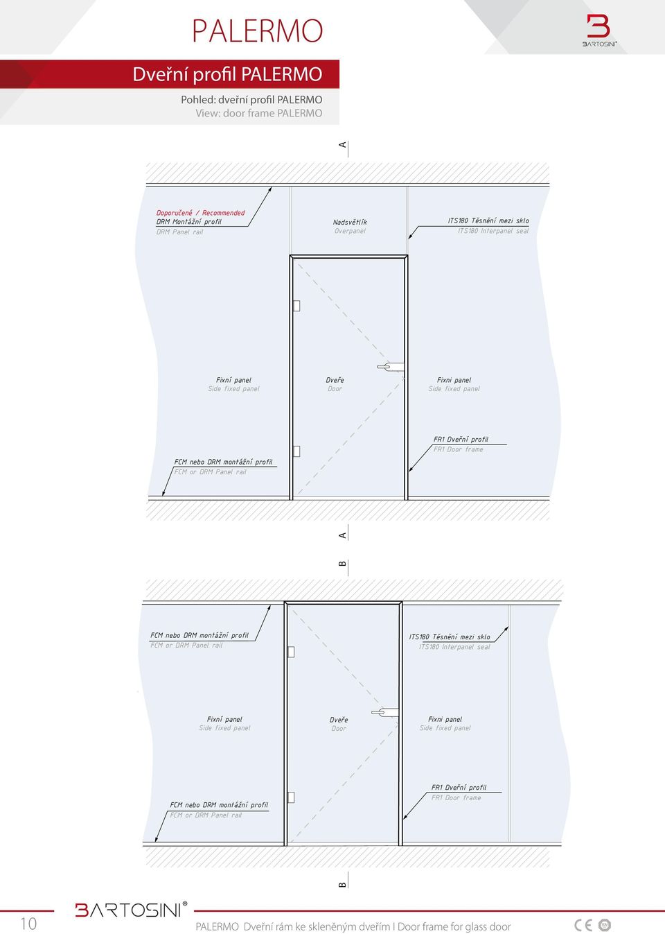 DRM montážní profil FCM or DRM Panel rail FR1 Dveřní profil A FCM nebo DRM montážní profil FCM or DRM Panel rail Fixní panel Side fixed panel FCM