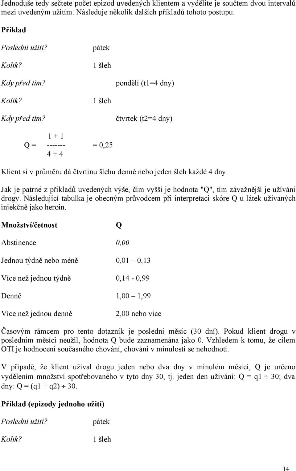 Jak je patrné z příkladů uvedených výše, čím vyšší je hodnota "Q", tím závažnější je užívání drogy.