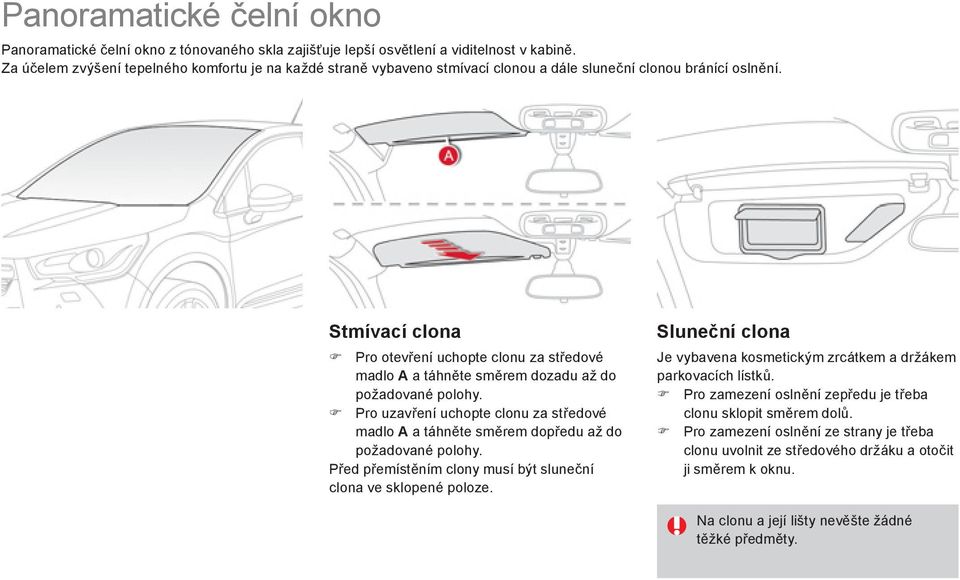 Stmívací clona Pro otevření uchopte clonu za středové madlo A a táhněte směrem dozadu až do požadované polohy.