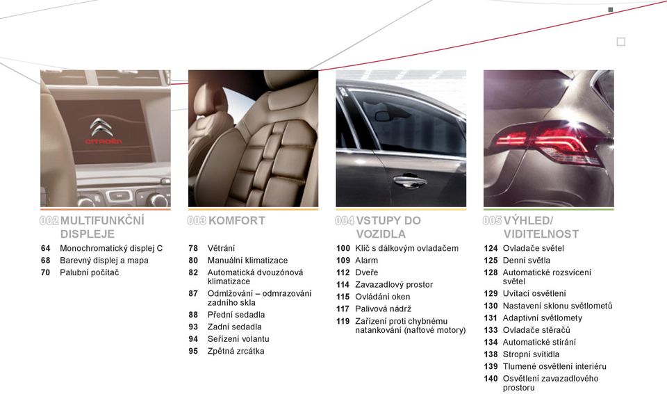 Zavazadlový prostor 115 Ovládání oken 117 Palivová nádrž 119 Zařízení proti chybnému natankování (naftové motory) 124 Ovladače světel 125 Denní světla 128 Automatické rozsvícení světel 129 Uvítací