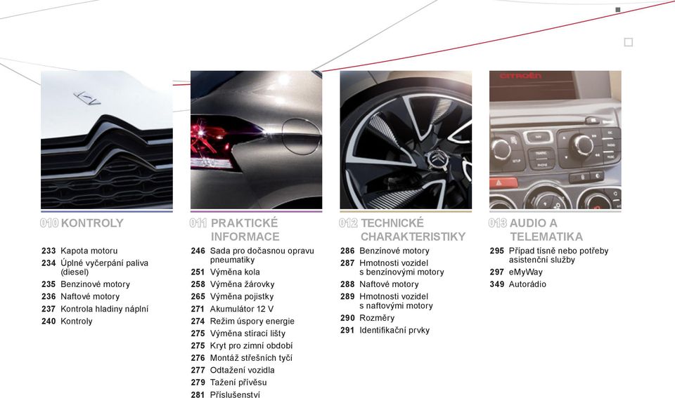 276 Montáž střešních tyčí 277 Odtažení vozidla 279 Tažení přívěsu 281 Příslušenství 012 TECHNICKÉ 013 AUDIO A CHARAKTERISTIKY TELEMATIKA 286 Benzínové motory 287 Hmotnosti vozidel s