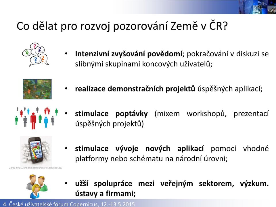 projektů úspěšných aplikací; stimulace poptávky (mixem workshopů, prezentací úspěšných projektů) Zdroj: