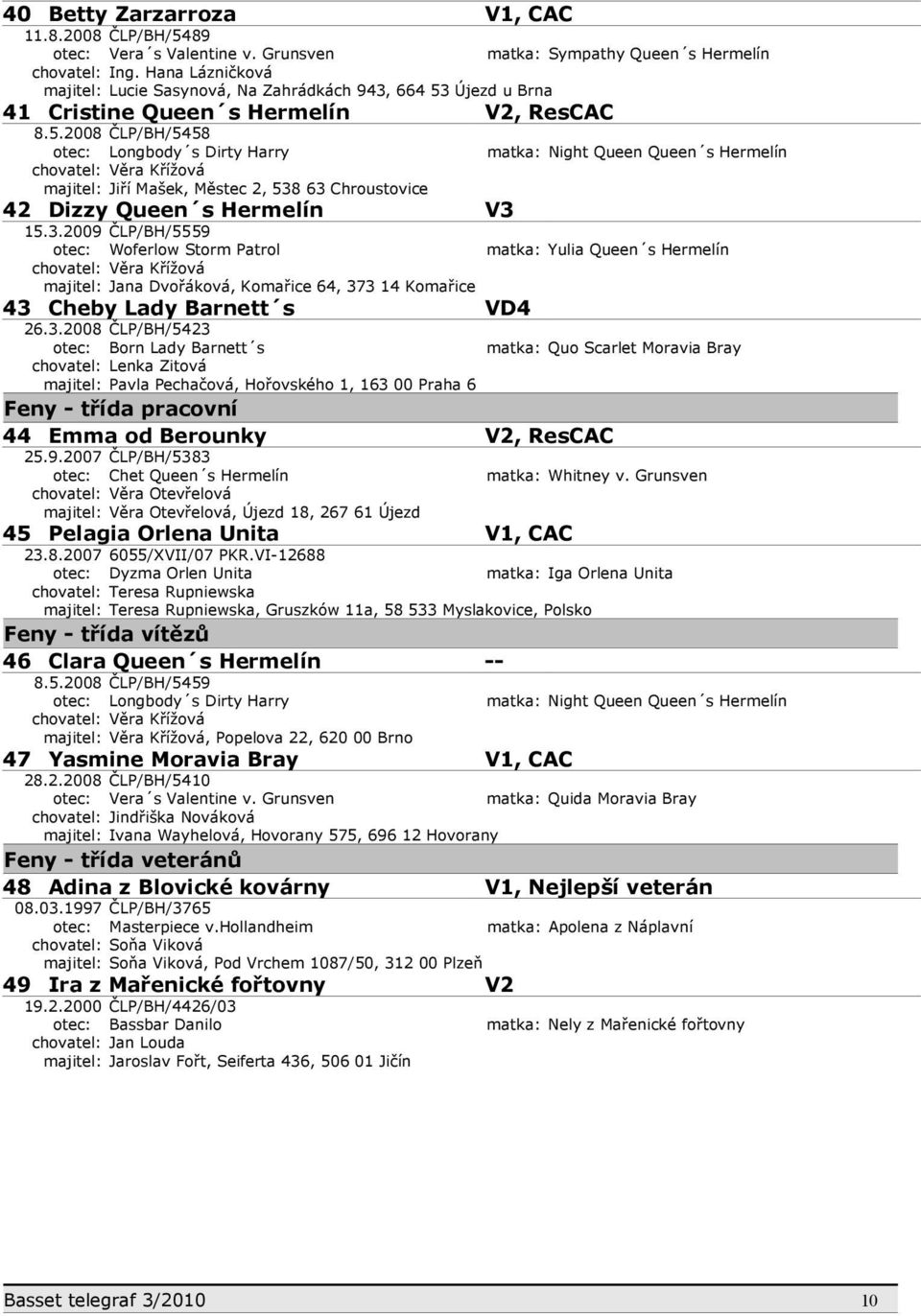 2.2008 V2, ResCAC matka: Whitney v. Grunsven V1, CAC -matka: Night Queen Queen s Hermelín V1, CAC V1, Nejlepší veterán ČLP//3765 Masterpiece v.