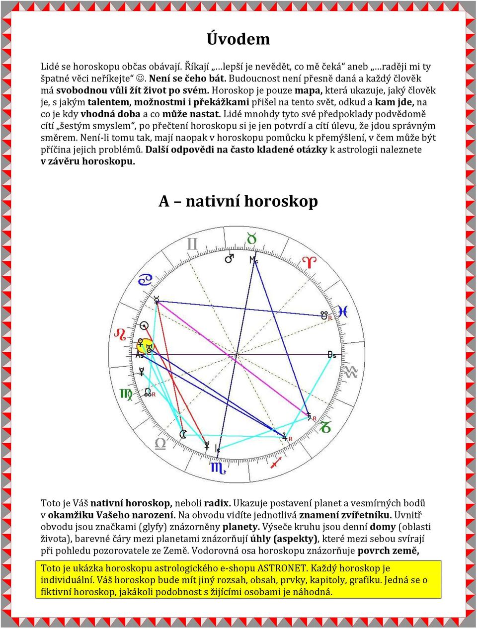 Horoskop je pouze mapa, která ukazuje, jaký člověk je, s jakým talentem, možnostmi i překážkami přišel na tento svět, odkud a kam jde, na co je kdy vhodná doba a co může nastat.