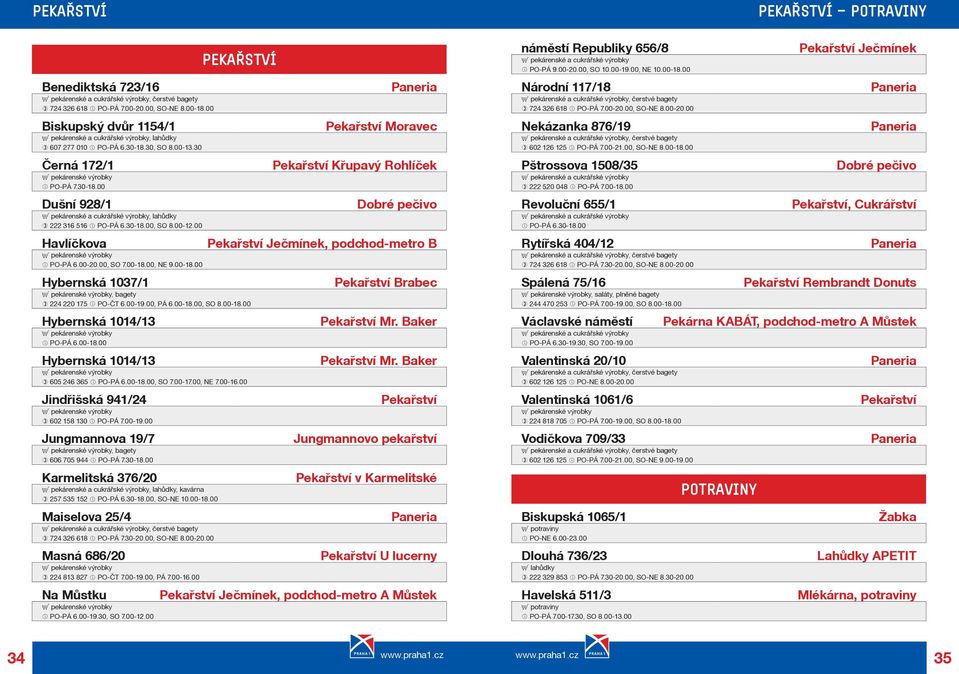 30-18.00, SO 8.00-12.00 Havlíèkova E pekárenské výrobky PO-PÁ 6.00-20.00, SO 7.00-18.00, NE 9.00-18.00 Hybernská 1037/1 Pekařství E pekárenské výrobky, bagety 224 220 175 PO-ÈT 6.00-19.00, PÁ 6.00-18.00, SO 8.00-18.00 Hybernská 1014/13 E pekárenské výrobky PO-PÁ 6.