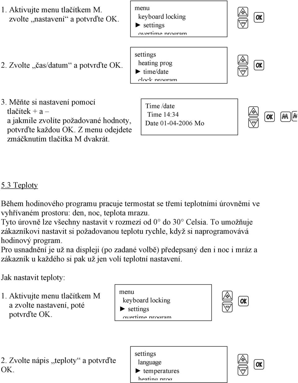 3 Teploty Během hodinového programu pracuje termostat se třemi teplotními úrovněmi ve vyhřívaném prostoru: den, noc, teplota mrazu. Tyto úrovně lze všechny nastavit v rozmezí od 0 do 30 Celsia.