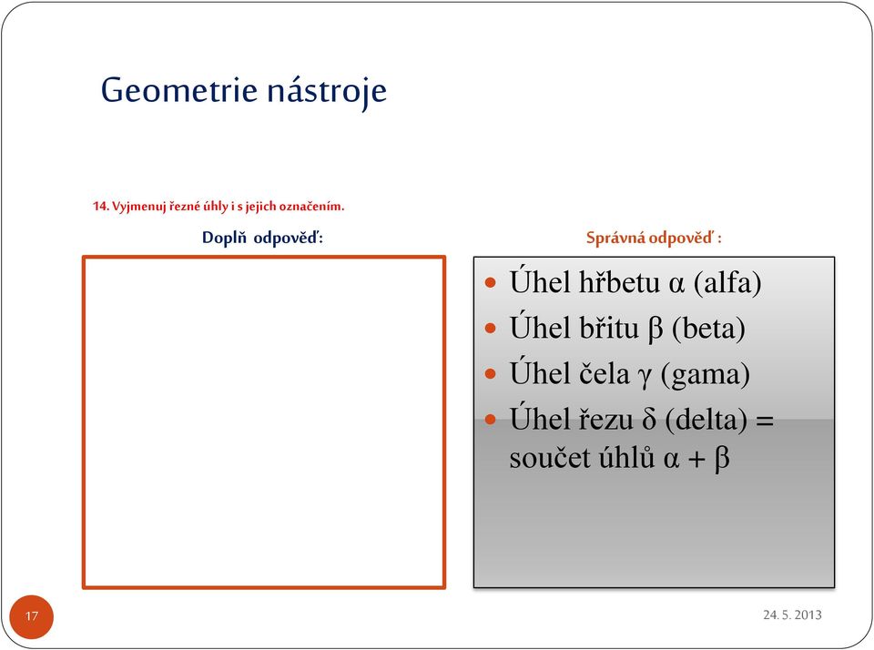 Úhel hřbetu α (alfa) Úhel břitu β (beta)