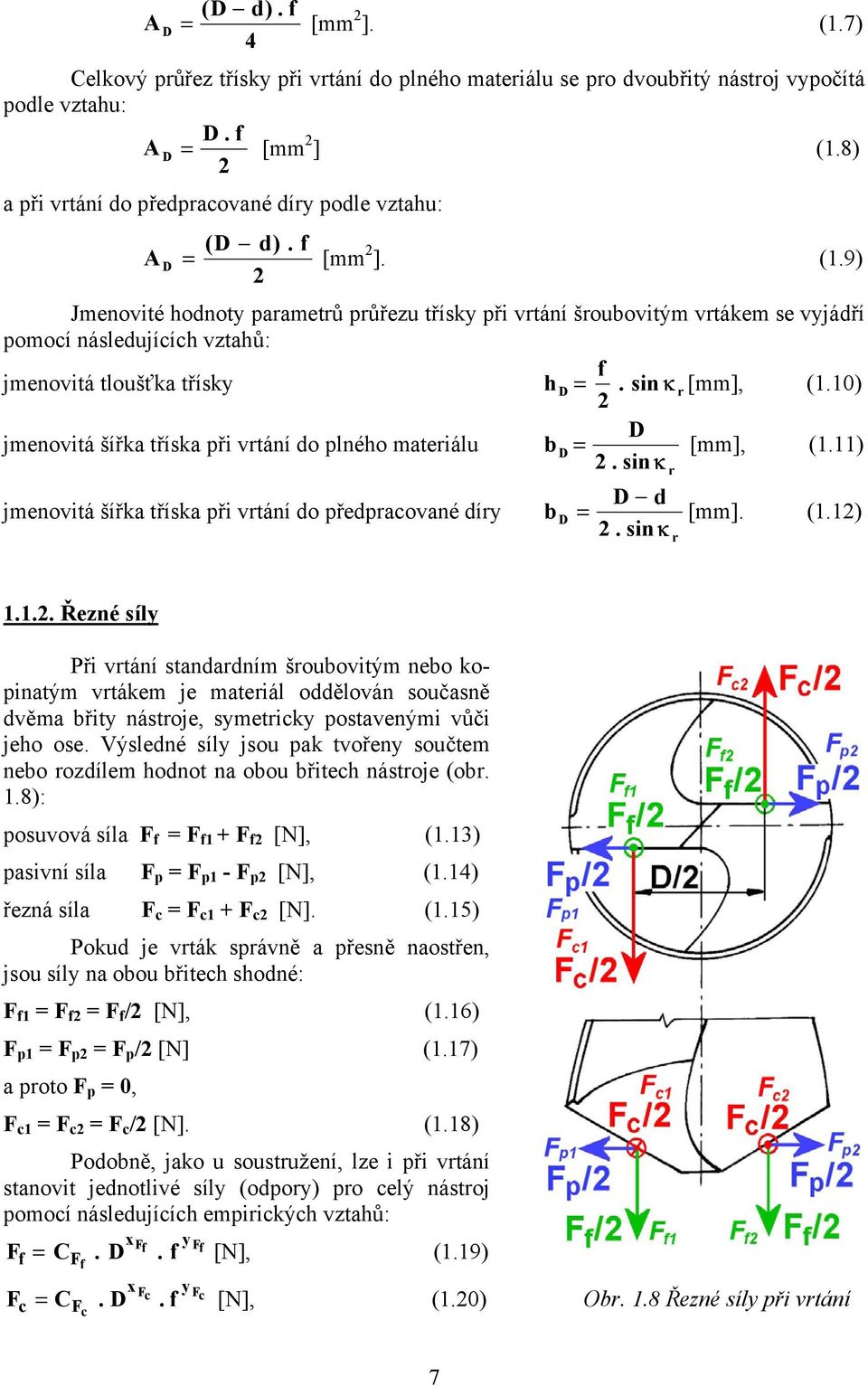 9) 2 Jmenovité hodnoty parametrů průřezu třísky při vrtání šroubovitým vrtákem se vyjádří pomocí následujících vztahů: f jmenovitá tloušťka třísky hd =. sin κ r [mm], (1.