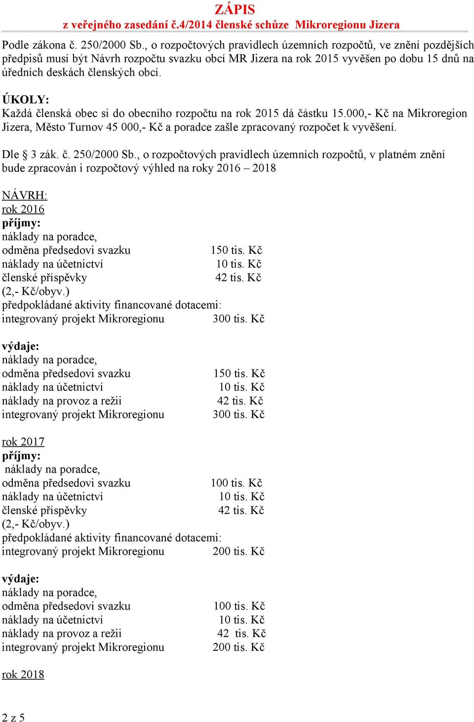 deskách členských obcí. ÚKOLY: Každá členská obec si do obecního rozpočtu na rok 2015 dá částku 15.