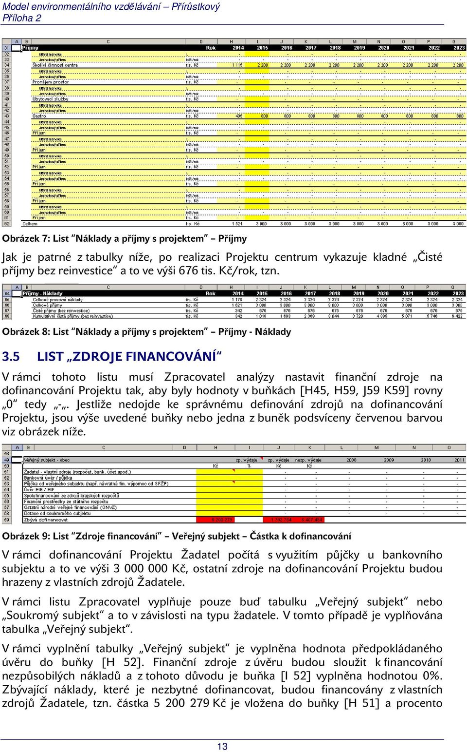 5 LIST ZDROJE FINANCOVÁNÍ V rámci tohoto listu musí Zpracovatel analýzy nastavit finanční zdroje na dofinancování Projektu tak, aby byly hodnoty v buňkách [H45, H59, J59 K59] rovny 0 tedy -.