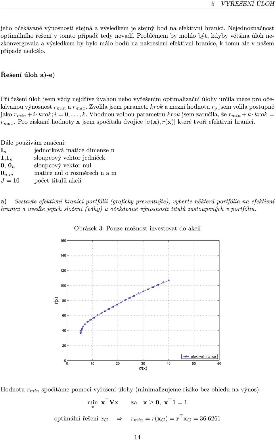 Řešení úloh a)-e) Při řešení úloh jsem vždy nejdříve úvahou nebo vyřešením optimalizační úlohy určila meze pro očekávanouvýnosnost r min a r max.