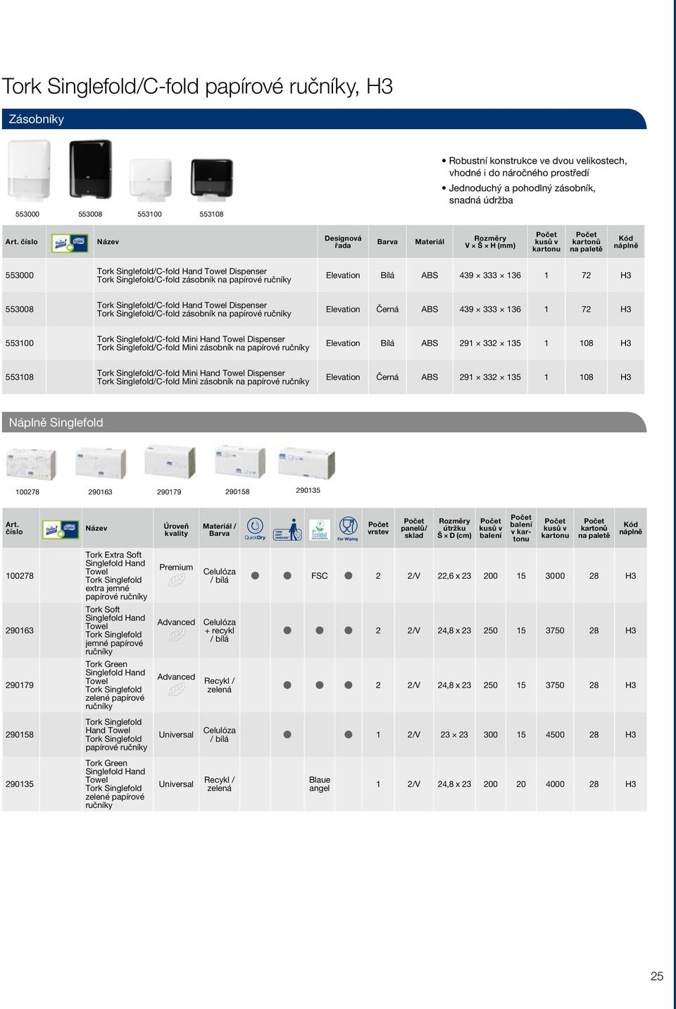 553100 553108 553000 Tork Singlefold/C-fold Hand Towel Dispenser Tork Singlefold/C-fold zásobník na papírové ručníky Elevation Bílá ABS 439 333 136 1 72 H3 553008 Tork Singlefold/C-fold Hand Towel