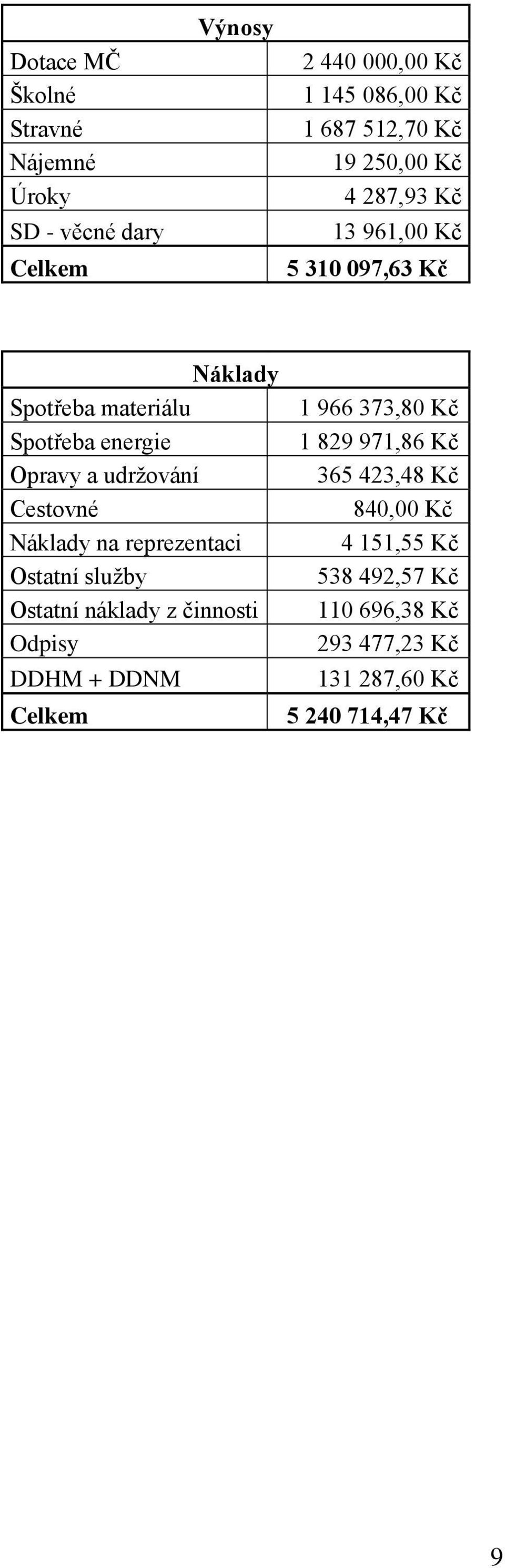 Cestovné Náklady na reprezentaci Ostatní sluţby Ostatní náklady z činnosti Odpisy DDHM + DDNM Celkem 1 966 373,80 Kč 1