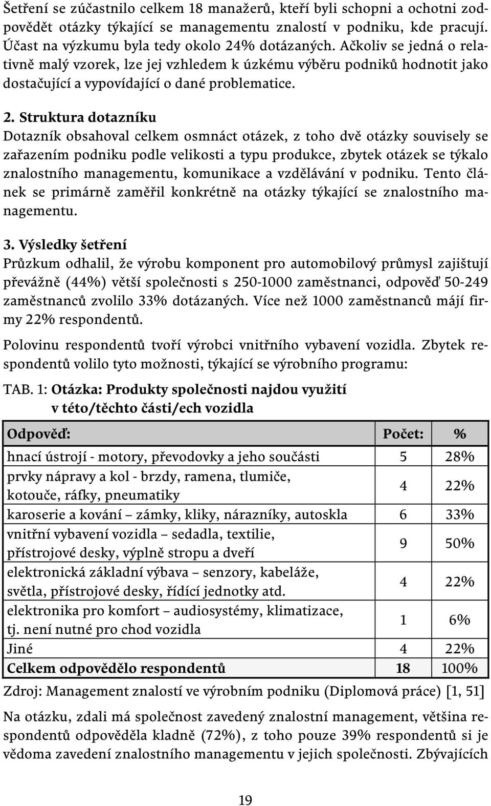 Struktura dotazníku Dotazník obsahoval celkem osmnáct otázek, z toho dvě otázky souvisely se zařazením podniku podle velikosti a typu produkce, zbytek otázek se týkalo znalostního managementu,