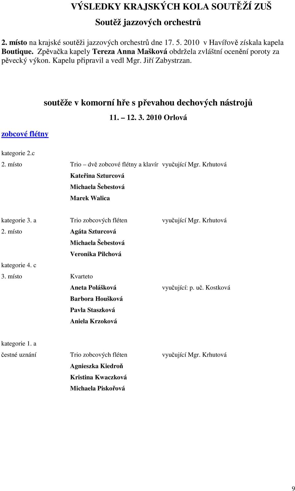 zobcové flétny soutěže v komorní hře s převahou dechových nástrojů 11. 12. 3. 2010 Orlová kategorie 2.c 2. místo Trio dvě zobcové flétny a klavír vyučující Mgr.