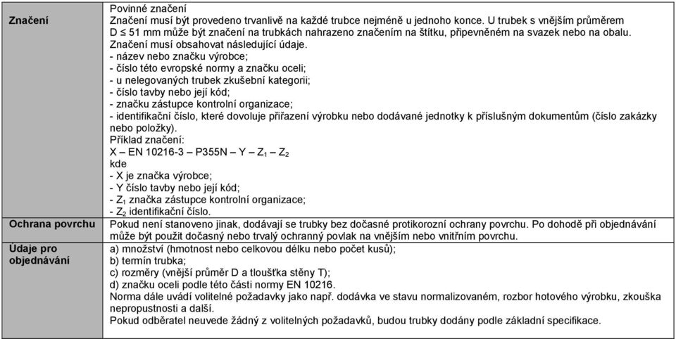 - název nebo značku výrobce; - číslo této evropské normy a značku oceli; - u nelegovaných trubek zkušební kategorii; - číslo tavby nebo její kód; - značku zástupce kontrolní organizace; -