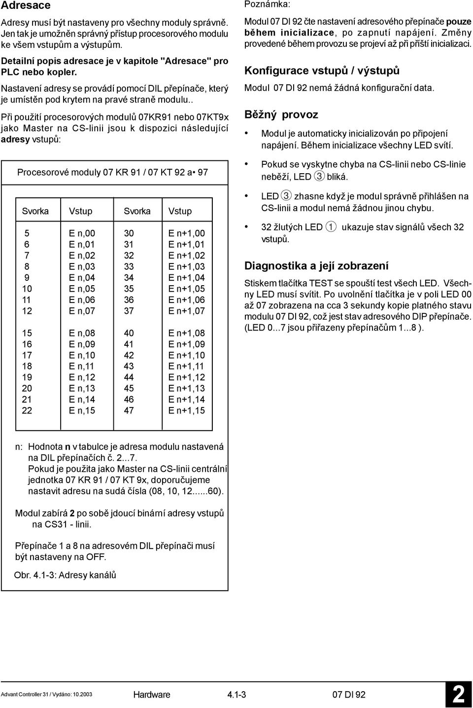 . Při použití procesorových modulů 07KR91 nebo 07KT9x jako Master na CS-linii jsou k dispozici následující adresy vstupů: Procesorové moduly 07 KR 91 / 07 KT 9 a 97 Svorka Vstup Svorka Vstup 5 E n,00