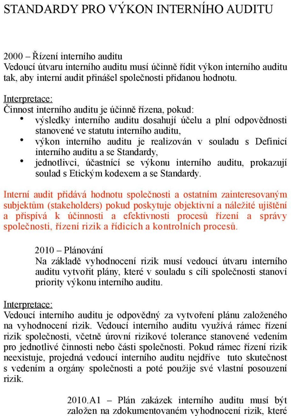 Definicí interního auditu a se Standardy, jednotlivci, účastnící se výkonu interního auditu, prokazují soulad s Etickým kodexem a se Standardy.