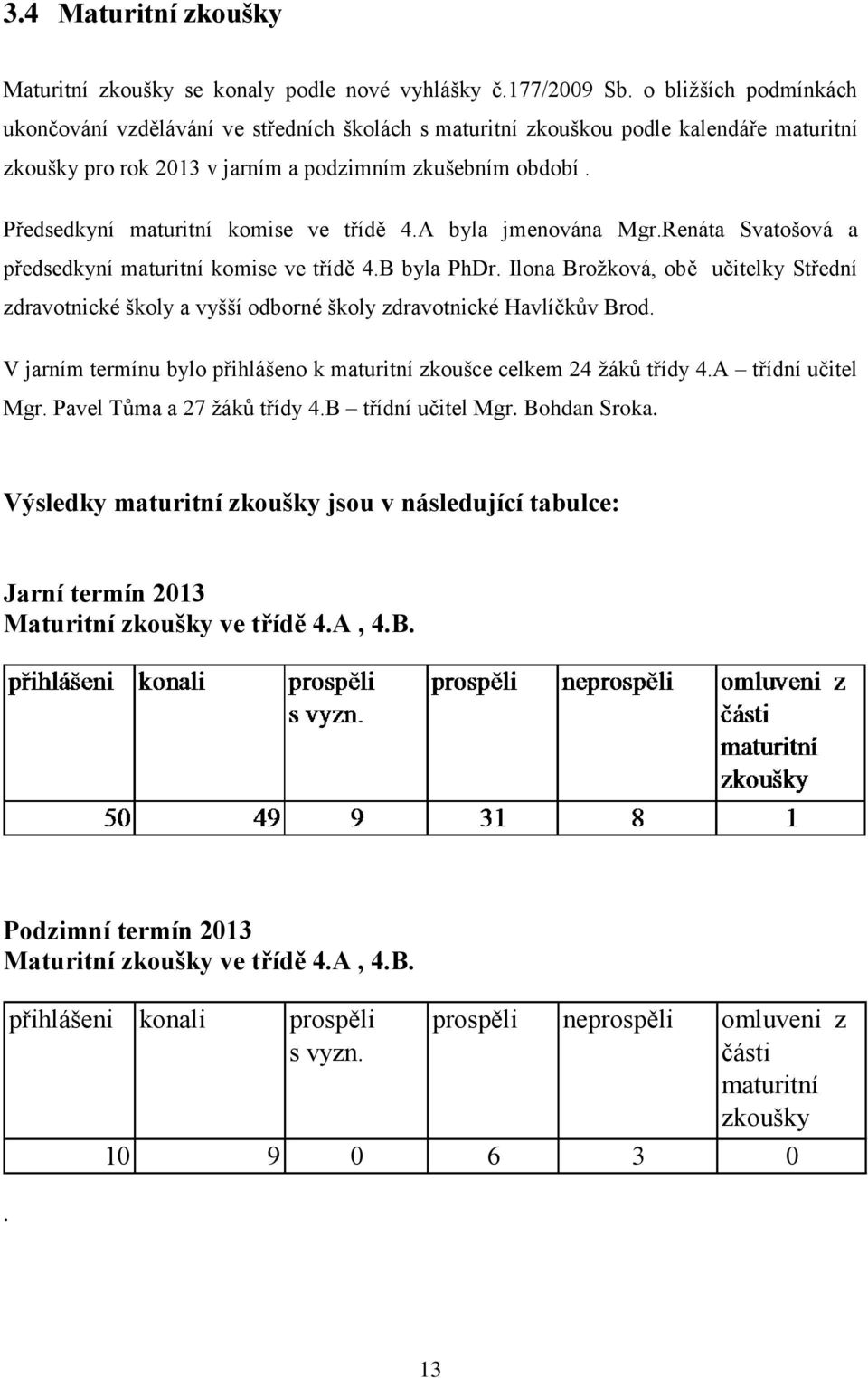 Předsedkyní maturitní komise ve třídě 4.A byla jmenována Mgr.Renáta Svatošová a předsedkyní maturitní komise ve třídě 4.B byla PhDr.