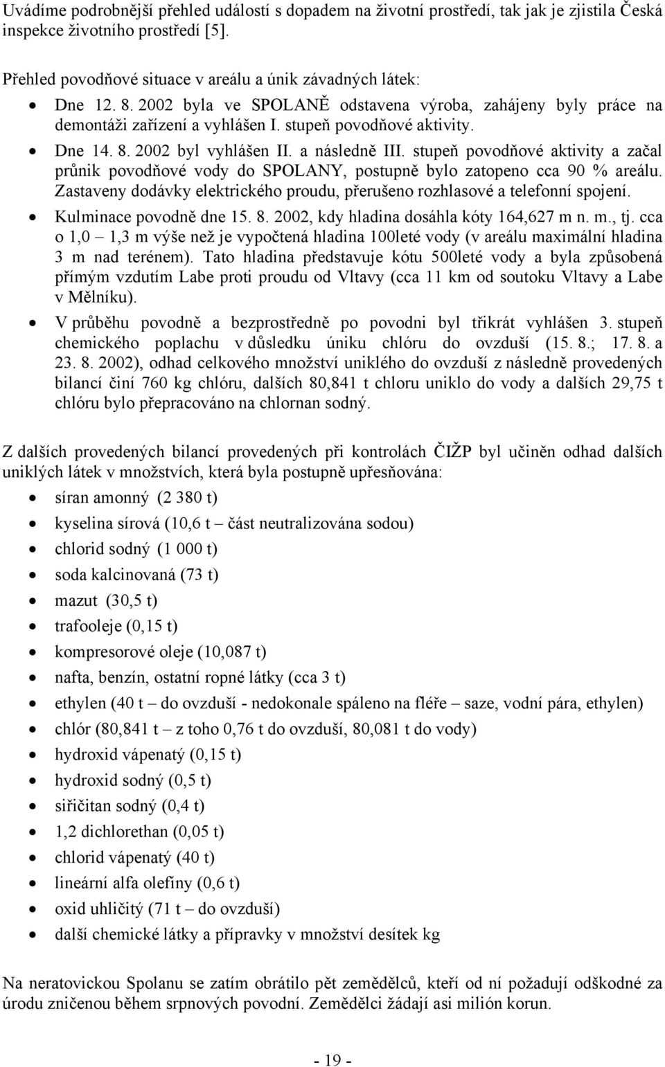 stupeň povodňové aktivity a začal průnik povodňové vody do SPOLANY, postupně bylo zatopeno cca 90 % areálu. Zastaveny dodávky elektrického proudu, přerušeno rozhlasové a telefonní spojení.