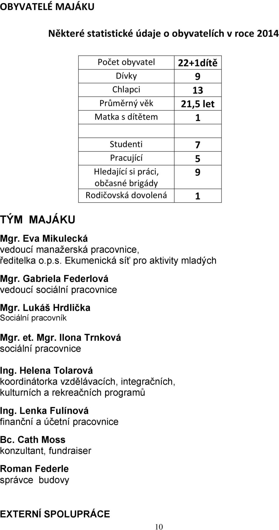 Helena Tolarová koordinátorka vzdělávacích, integračních, kulturních a rekreačních programů Ing. Lenka Fulínová finanční a účetní pracovnice Bc.