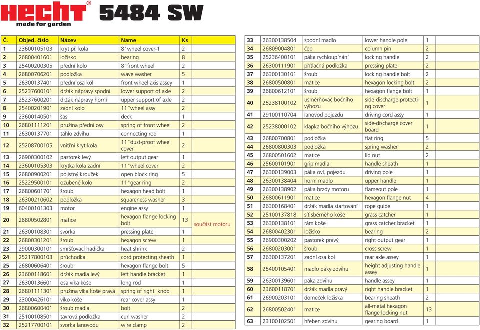 of axle 7 5376000 držák nápravy horní upper support of axle 8 5400090 zadní kolo wheel assy 9 36004050 šasi deck 0 6800 pružina přední osy spring of front wheel 63003770 táhlo zdvihu connecting rod