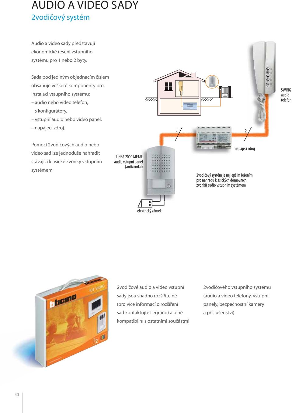 346000 2 2 SWING audio telefon Pomocí 2vodičových audio nebo video sad lze jednoduše nahradit stávající klasické zvonky vstupním systémem LINEA 2000 METAL audio (antivandal) napájecí zdroj 2vodičový