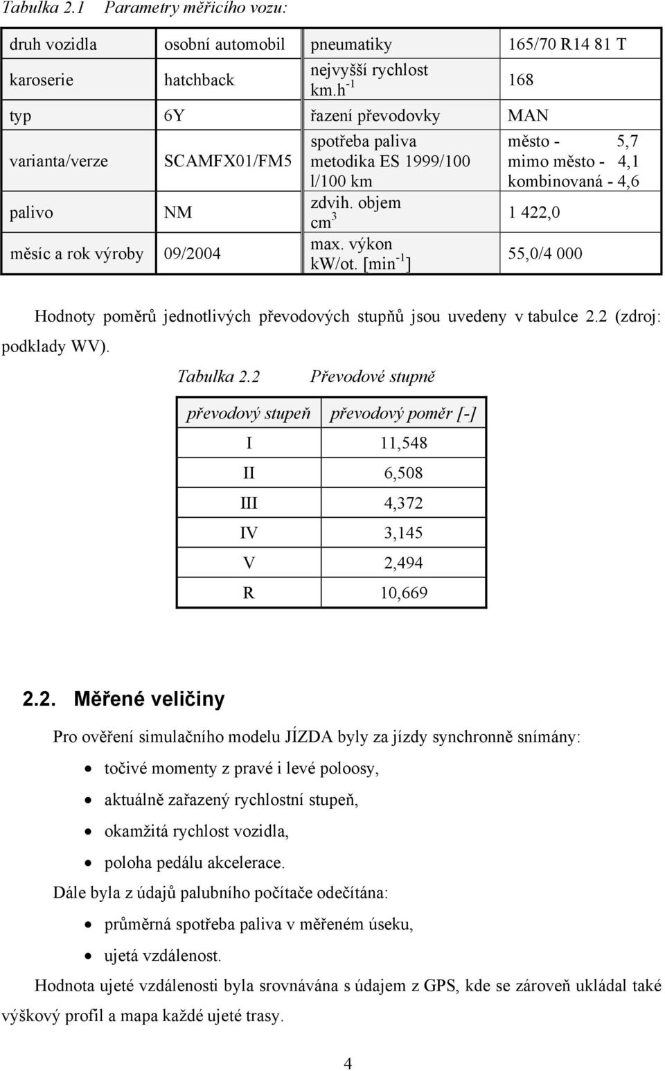 [min -1 ] město - 5,7 mimo město - 4,1 kombinovaná - 4,6 55,/4 Hodnoty poměrů jednotlivých převodových stupňů jsou uvedeny v tabulce 2.2 (zdroj: podklady WV). Tabulka 2.