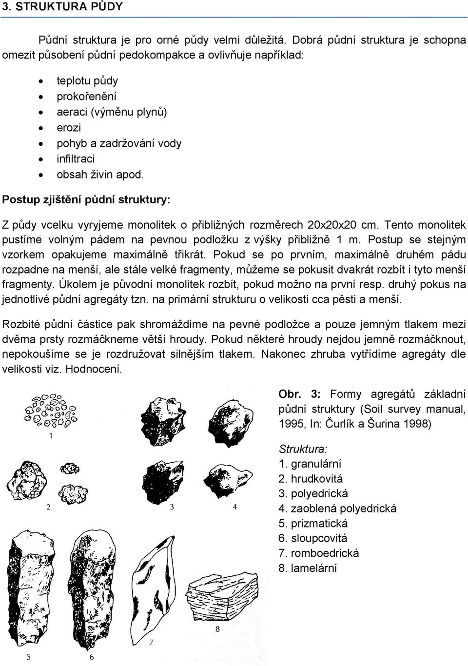 Postup zjištění půdní struktury: Z půdy vcelku vyryjeme monolitek o přibližných rozměrech 20x20x20 cm. Tento monolitek pustíme volným pádem na pevnou podložku z výšky přibližně 1 m.