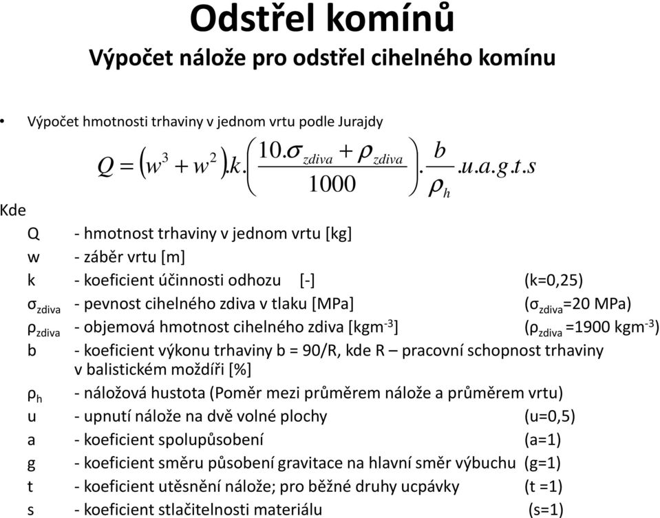 s Kde Q - hmotnost trhaviny v jednom vrtu [kg] w -záběr vrtu [m] k - koeficient účinnosti odhozu [-] (k=0,25) σ zdiva -pevnost cihelného zdiva v tlaku [MPa] (σ zdiva =20 MPa) ρ zdiva -objemová