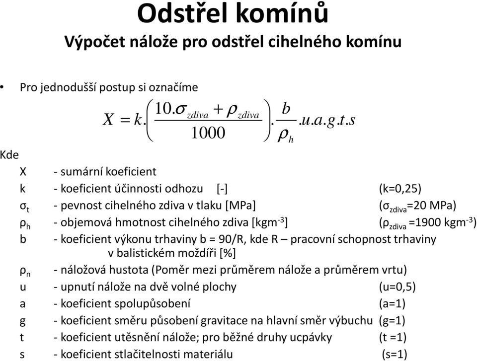 (ρ zdiva =1900 kgm -3 ) b -koeficient výkonu trhaviny b = 90/R, kde R pracovní schopnost trhaviny v balistickém moždíři [%] ρ n -náložováhustota (Poměr mezi průměrem nálože a průměrem vrtu)