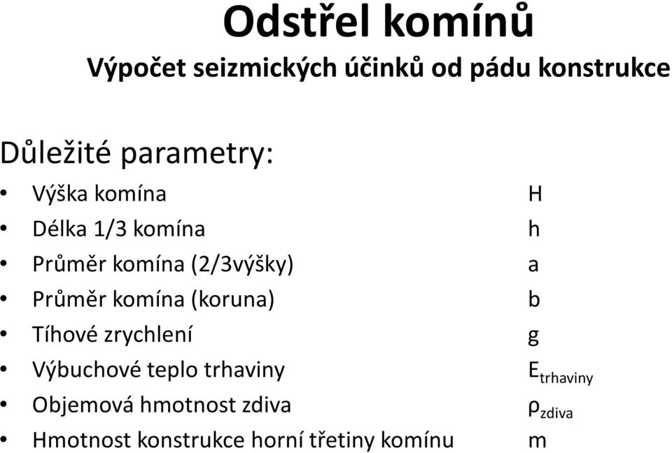 komína (koruna) b Tíhové zrychlení g Výbuchové teplo trhaviny E