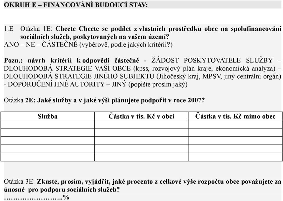 : návrh kritérií k odpovědi částečně - ŽÁDOST POSKYTOVATELE SLUŽBY DLOUHODOBÁ STRATEGIE VAŠÍ OBCE (kpss, rozvojový plán kraje, ekonomická analýza) DLOUHODOBÁ STRATEGIE JINÉHO SUBJEKTU