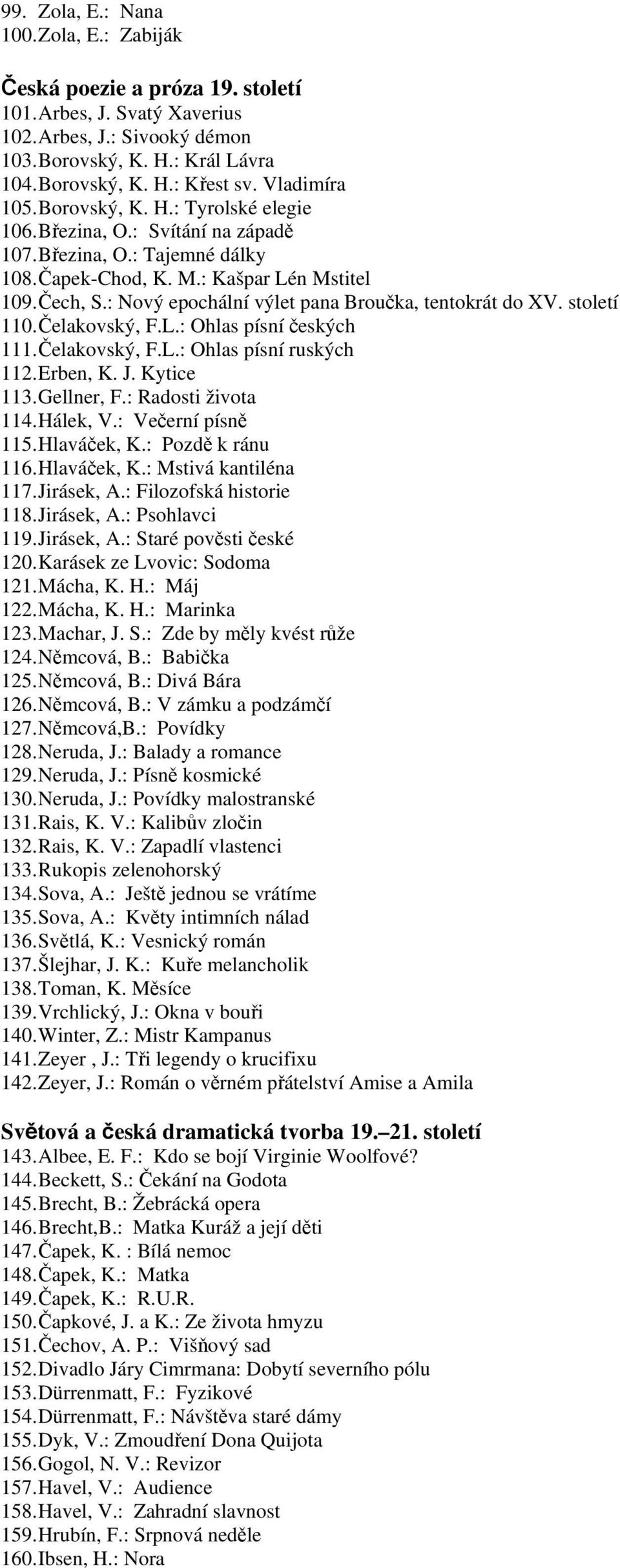 : Nový epochální výlet pana Broučka, tentokrát do XV. století 110. Čelakovský, F.L.: Ohlas písní českých 111. Čelakovský, F.L.: Ohlas písní ruských 112. Erben, K. J. Kytice 113. Gellner, F.