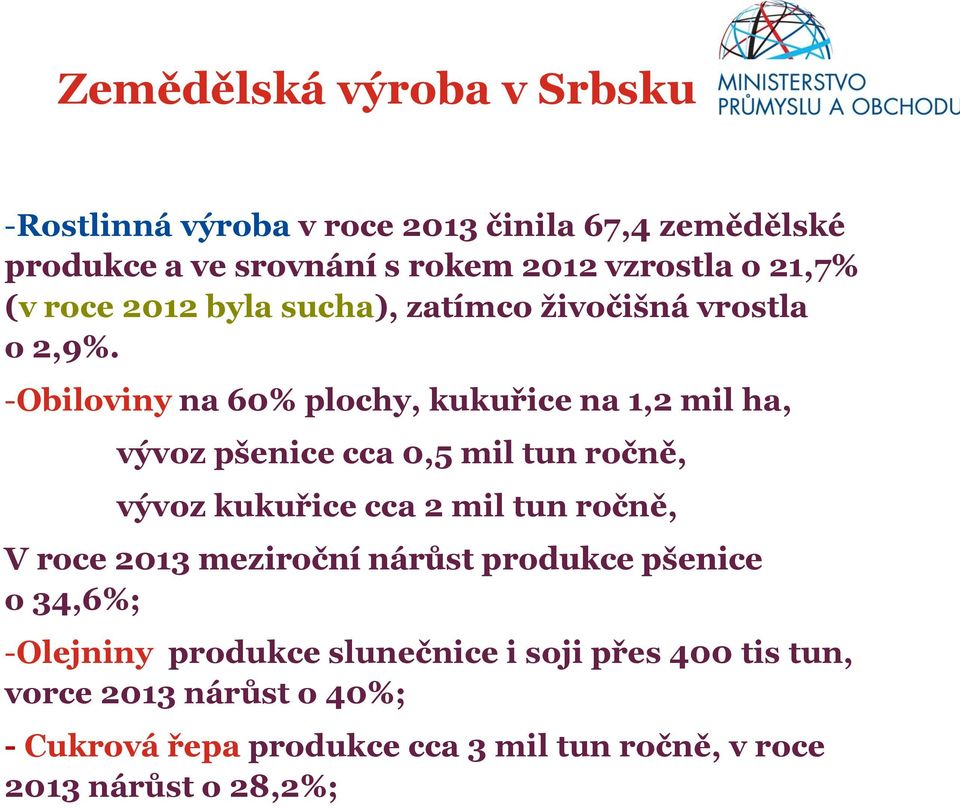 -Obiloviny na 60% plochy, kukuřice na 1,2 mil ha, vývoz pšenice cca 0,5 mil tun ročně, vývoz kukuřice cca 2 mil tun ročně, V roce