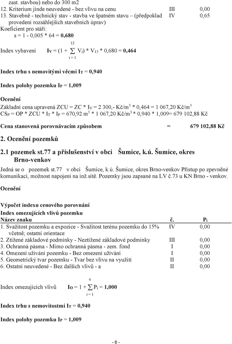 Vi) * V13 * 0,680 = 0,464 12 i = 1 Index trhu s nemovitými věcmi IT = 0,940 Index polohy pozemku IP = 1,009 Ocenění Základní cena upravená ZCU = ZC * IV = 2 300,- Kč/m 3 * 0,464 = 1 067,20 Kč/m 3 CSP