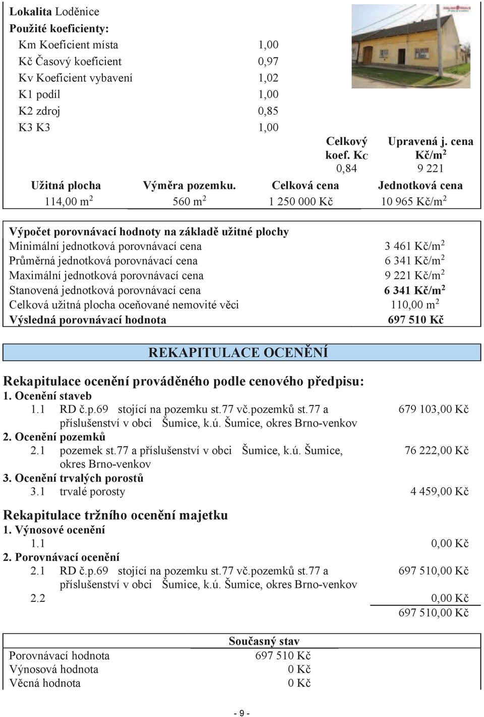 Celková cena Jednotková cena 114,00 m 2 560 m 2 1 250 000 Kč 10 965 Kč/m 2 Výpočet porovnávací hodnoty na základě užitné plochy Minimální jednotková porovnávací cena 3 461 Kč/m 2 Průměrná jednotková